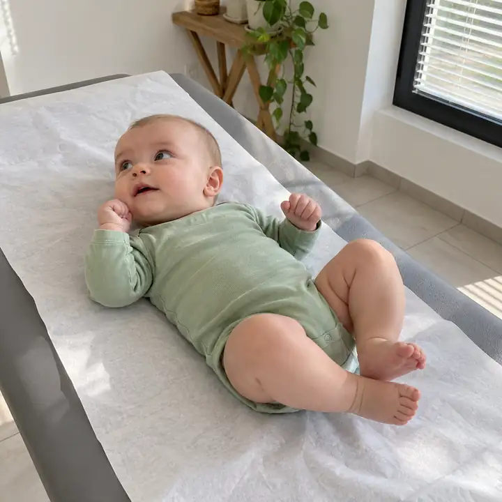 Nourrisson éveillé allongé sur la table de consultation d’ostéopathie à Joinville-le-Pont