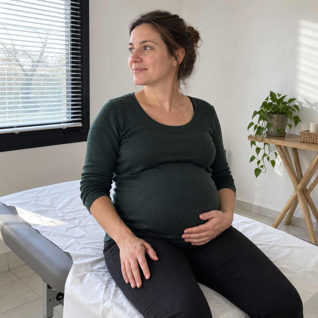 Femme enceinte assise sur la table de consultation du cabinet d’ostéopathie à Joinville-le-Pont