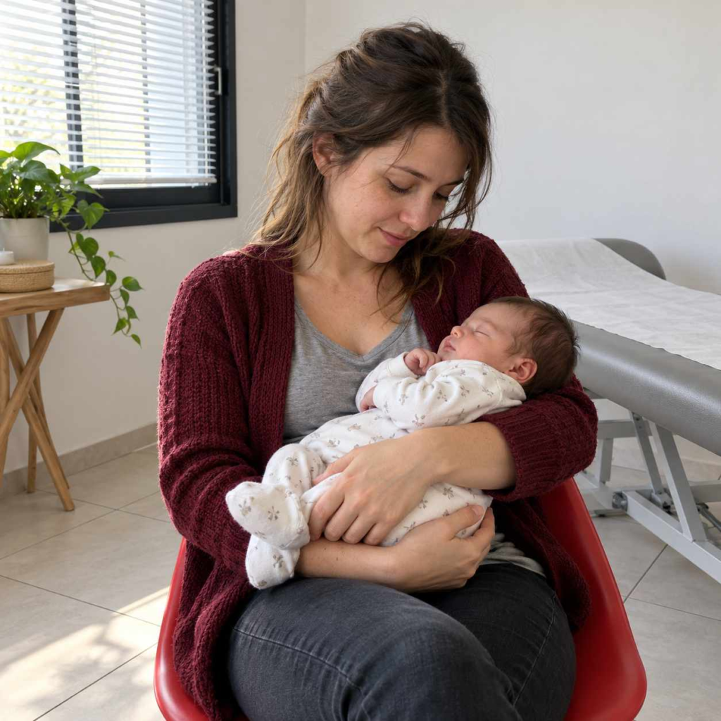 Jeune maman tenant son nouveau-né au cabinet d’ostéopathie à Joinville-le-Pont