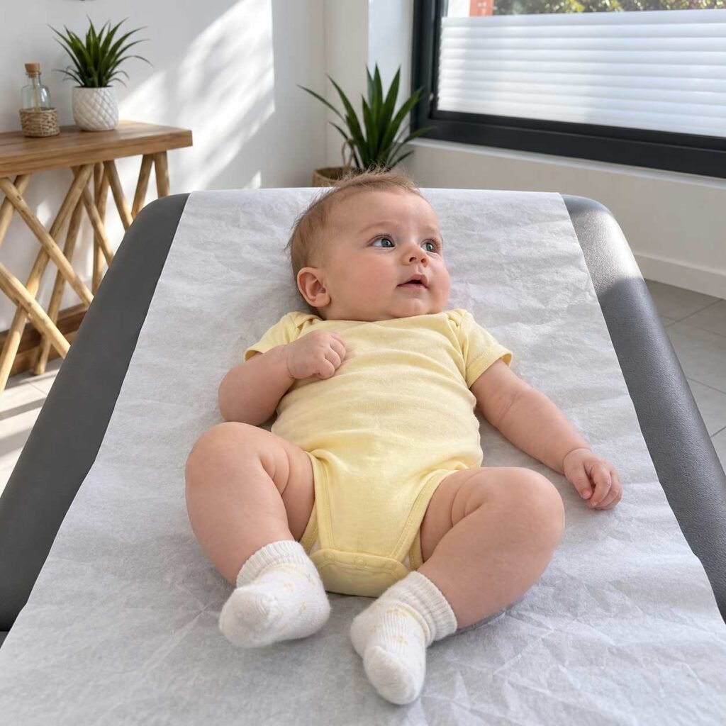 Bébé allongé sur la table de consultation d’ostéopathie