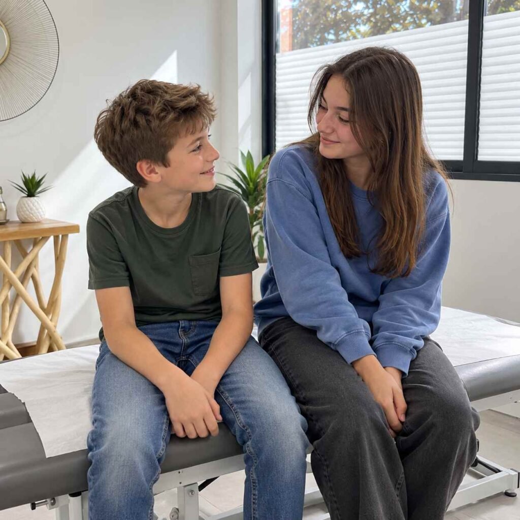Un enfant et une adolescente au cabinet d’ostéopathie
