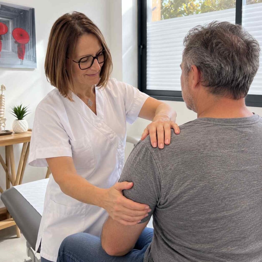 Ostéopathe traitant l’épaule d’un patient adulte