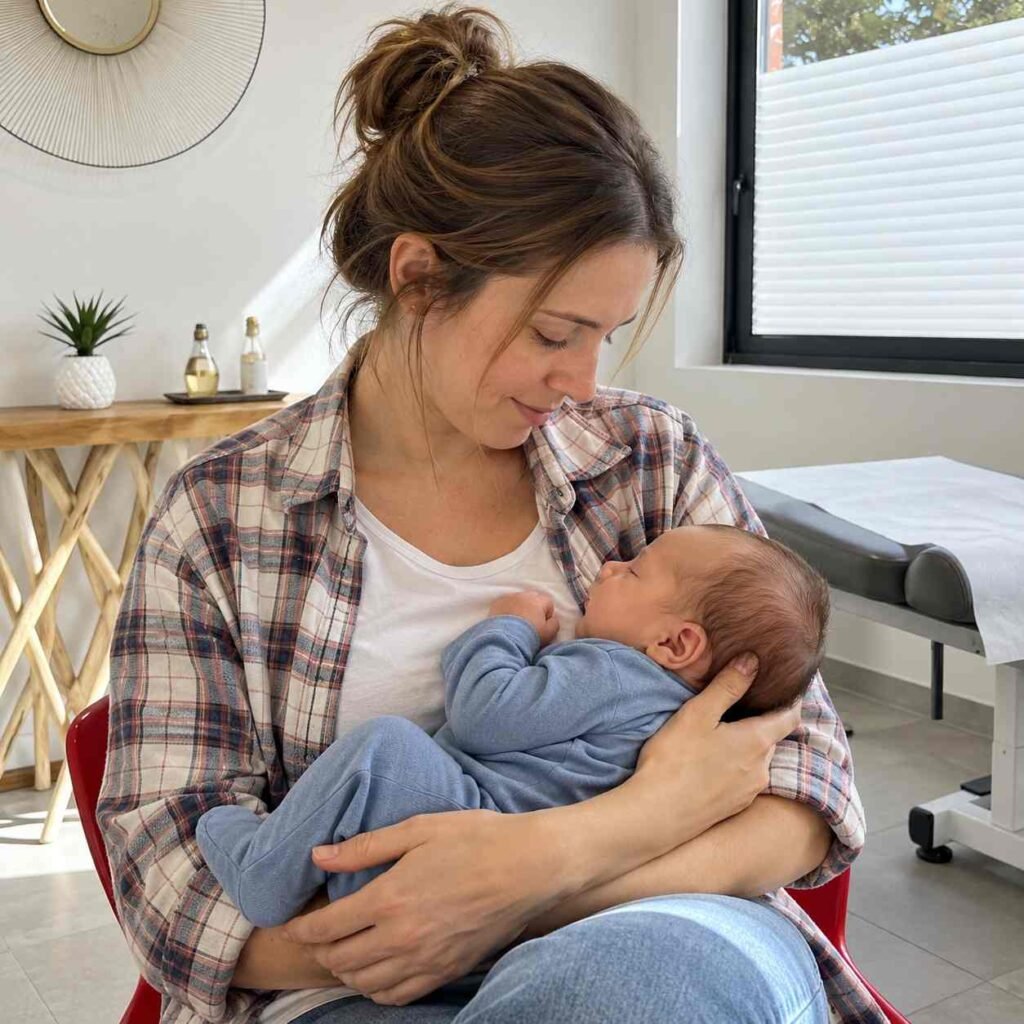Maman tenant son bébé contre elle au cabinet d’ostéopathie