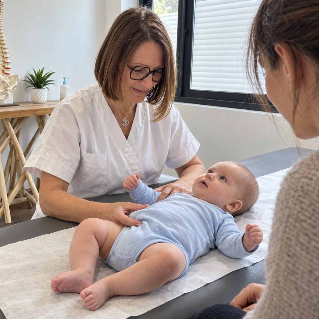 Delphine Sokolow examinant en douceur un nourrisson lors d’une séance d’ostéopathie