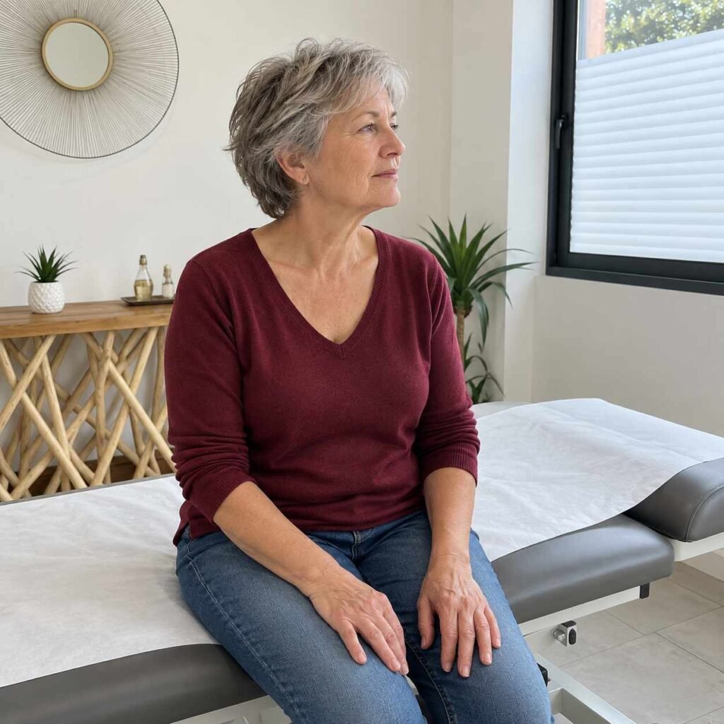 Patiente âgée assise au cabinet d’ostéopathie