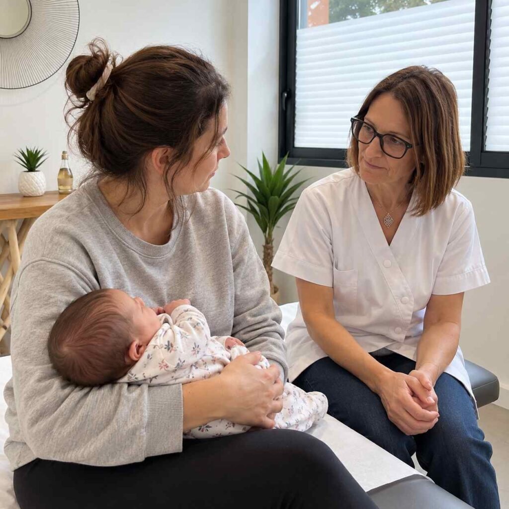 Jeune maman et son nouveau-né lors d’une consultation d’ostéopathie post-partum