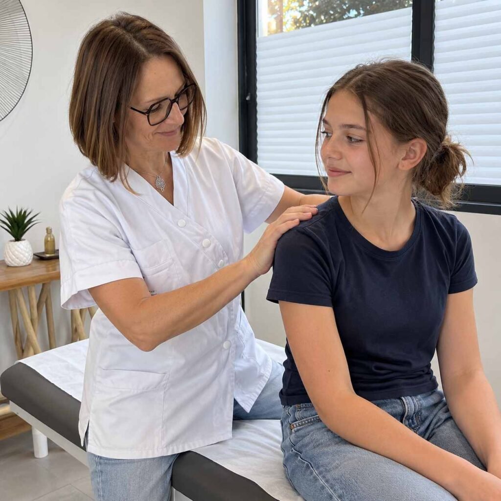 Ostéopathe évaluant la posture d’une adolescente